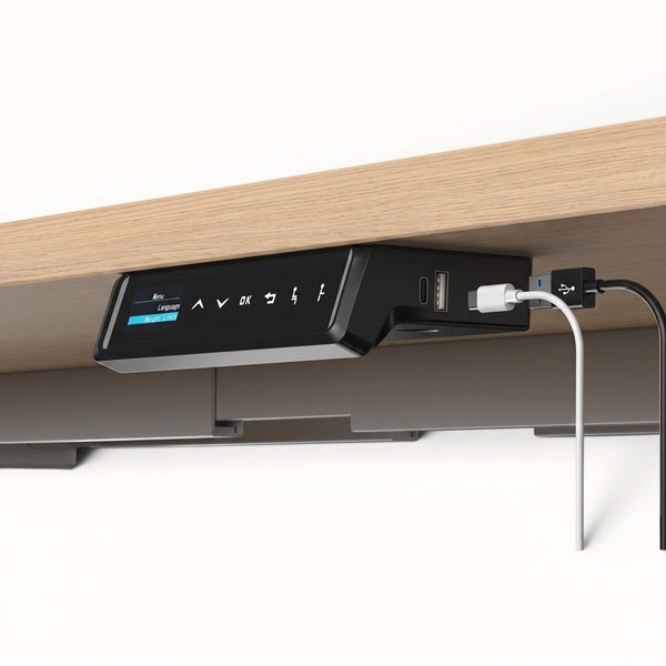 Panel sterowania biurka elektrycznego FlowPRO z wbudowanymi portami USB do ładowania urządzeń