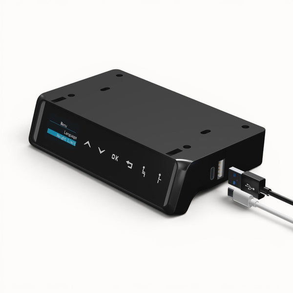 Panel sterowania biurkiem regulowanym z portami USB i ustawieniami wysokości.