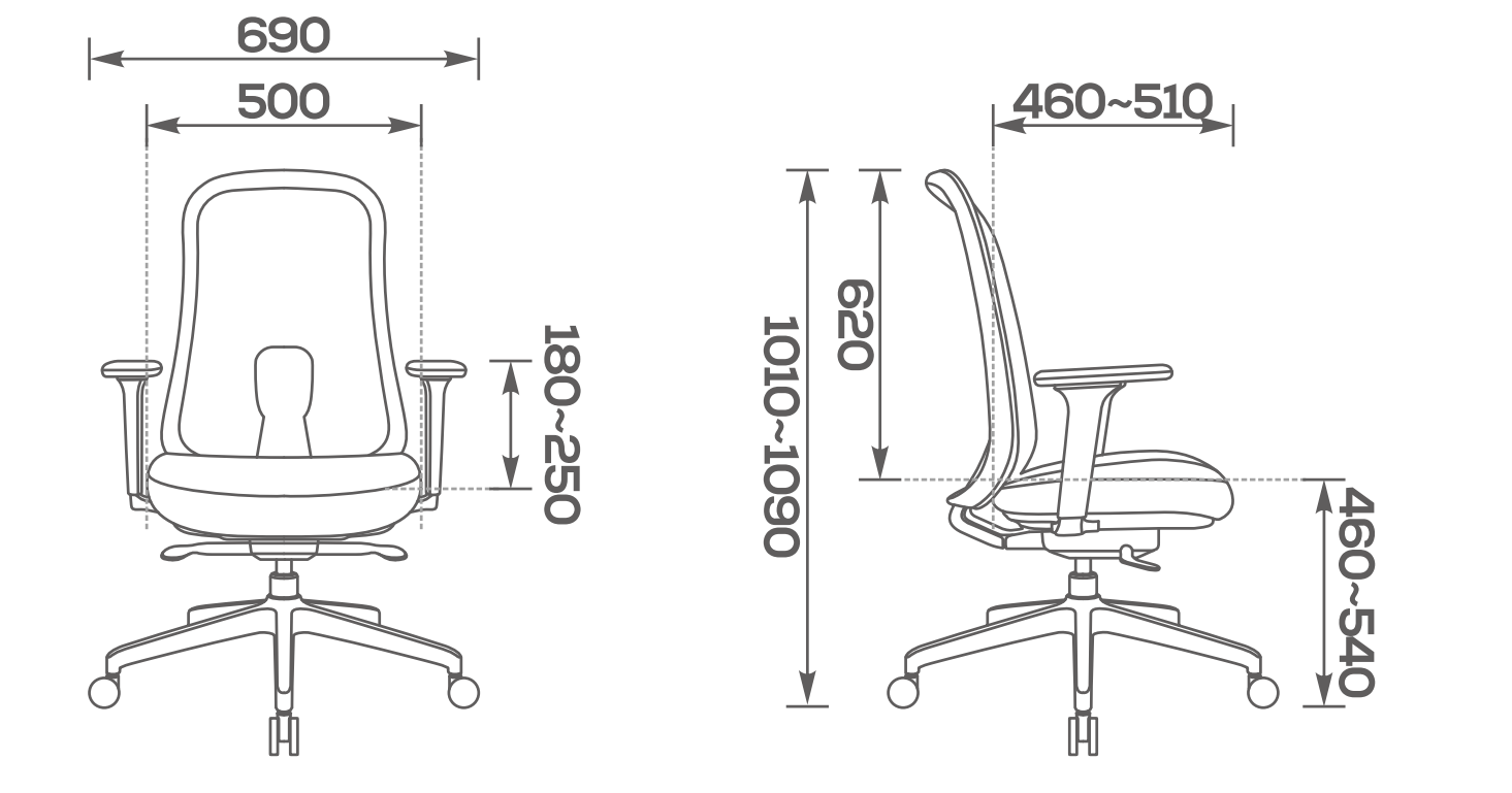 Wymiary fotela ergonomicznego Ease z zakresem regulacji